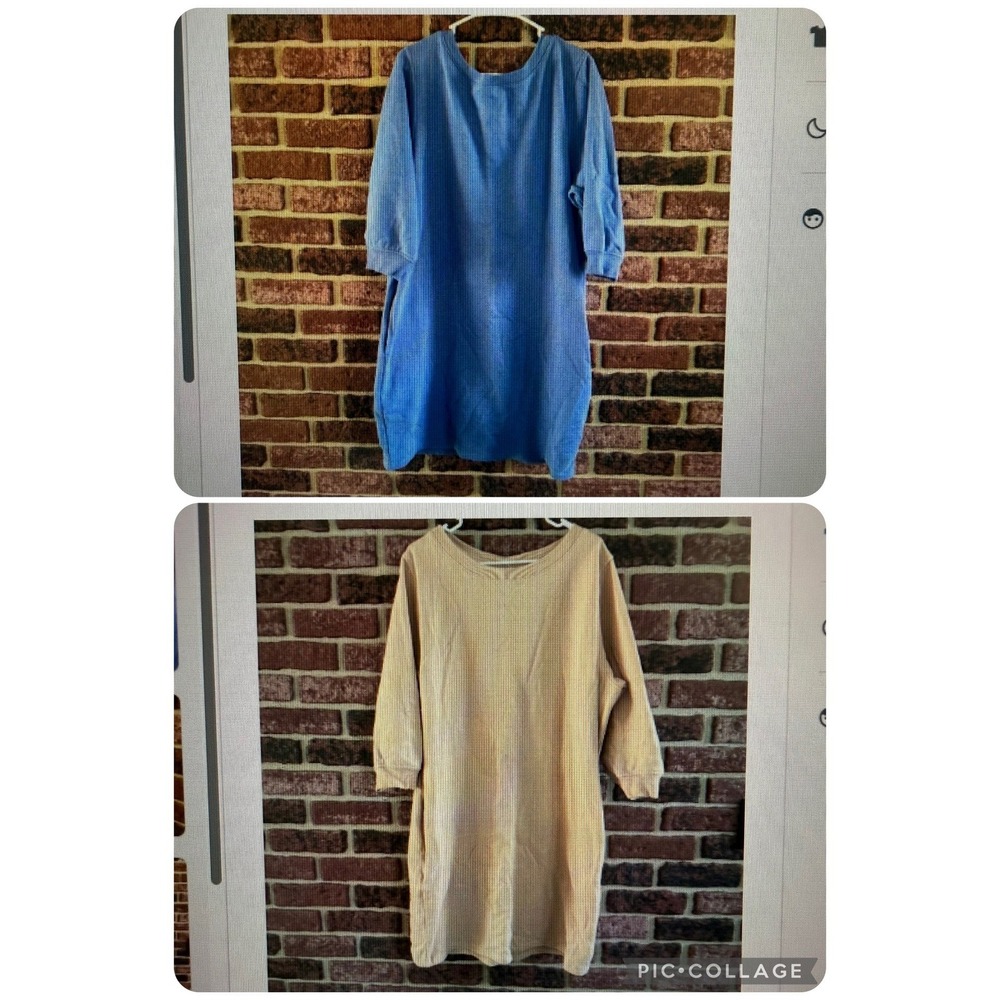Sweatshirt Dress Bundle XL Blue Tan 3/4 Sleeve Pockets 2PK Cozy Fleece Lounge